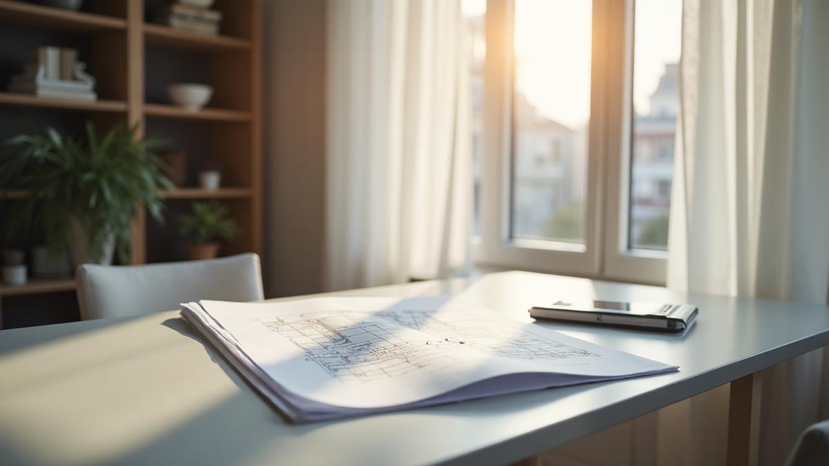 Architectural blueprints on a desk with morning light