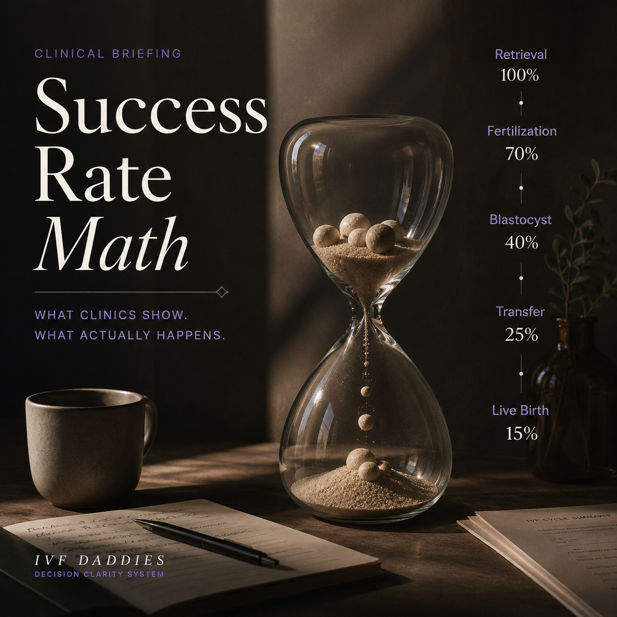Success Rate Math: hourglass illustrating IVF cycle attrition from retrieval to live birth