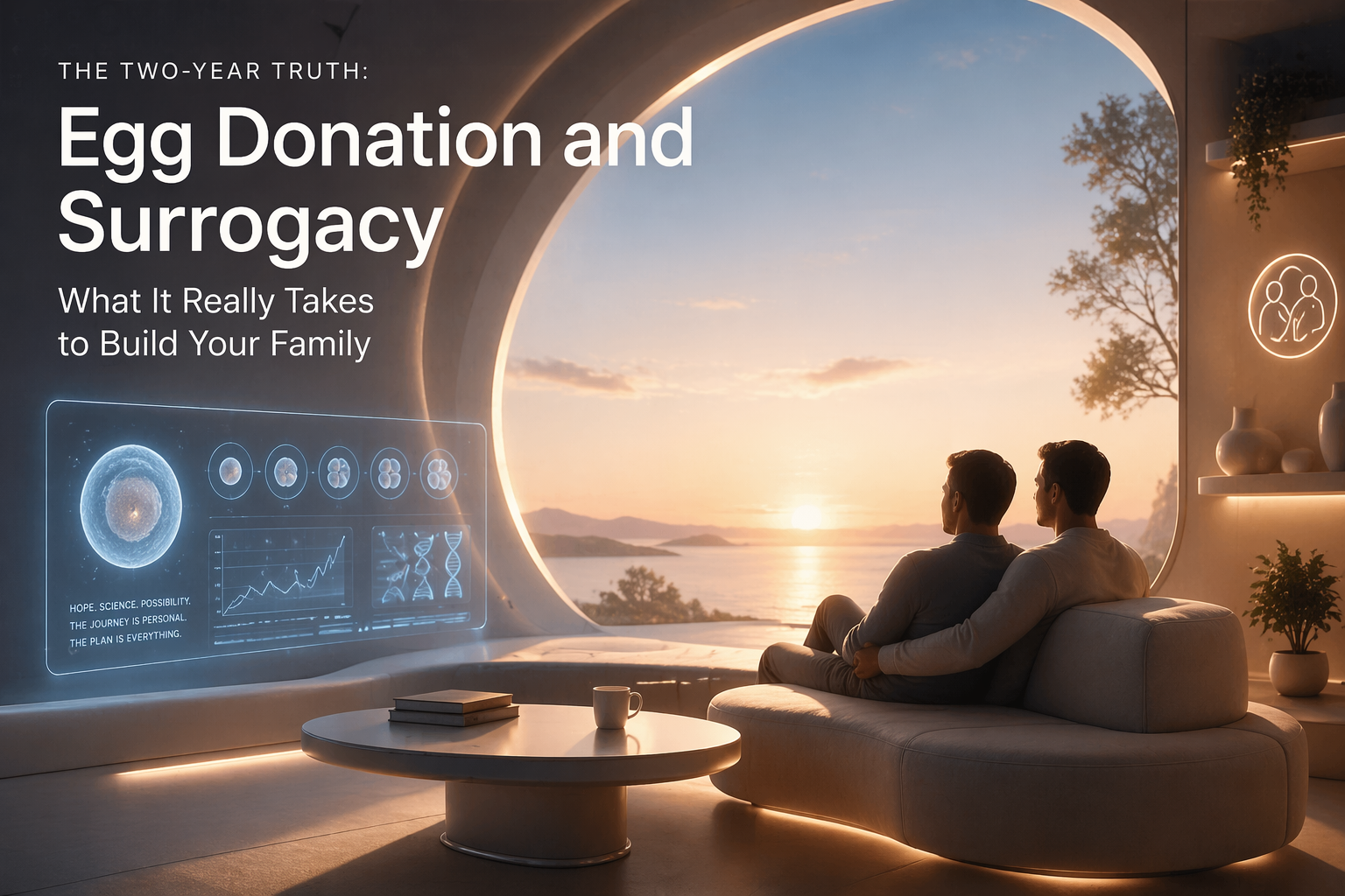Two fathers at sunset with a holographic family-building dashboard beside them